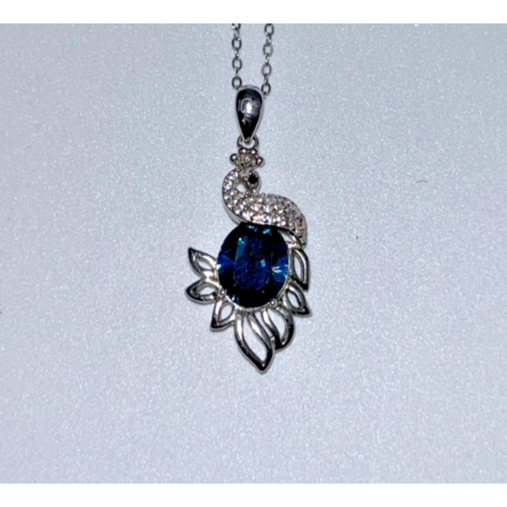 Sterling Silver Aphrodite Peacock large blue stone & clear accent stones 18"
